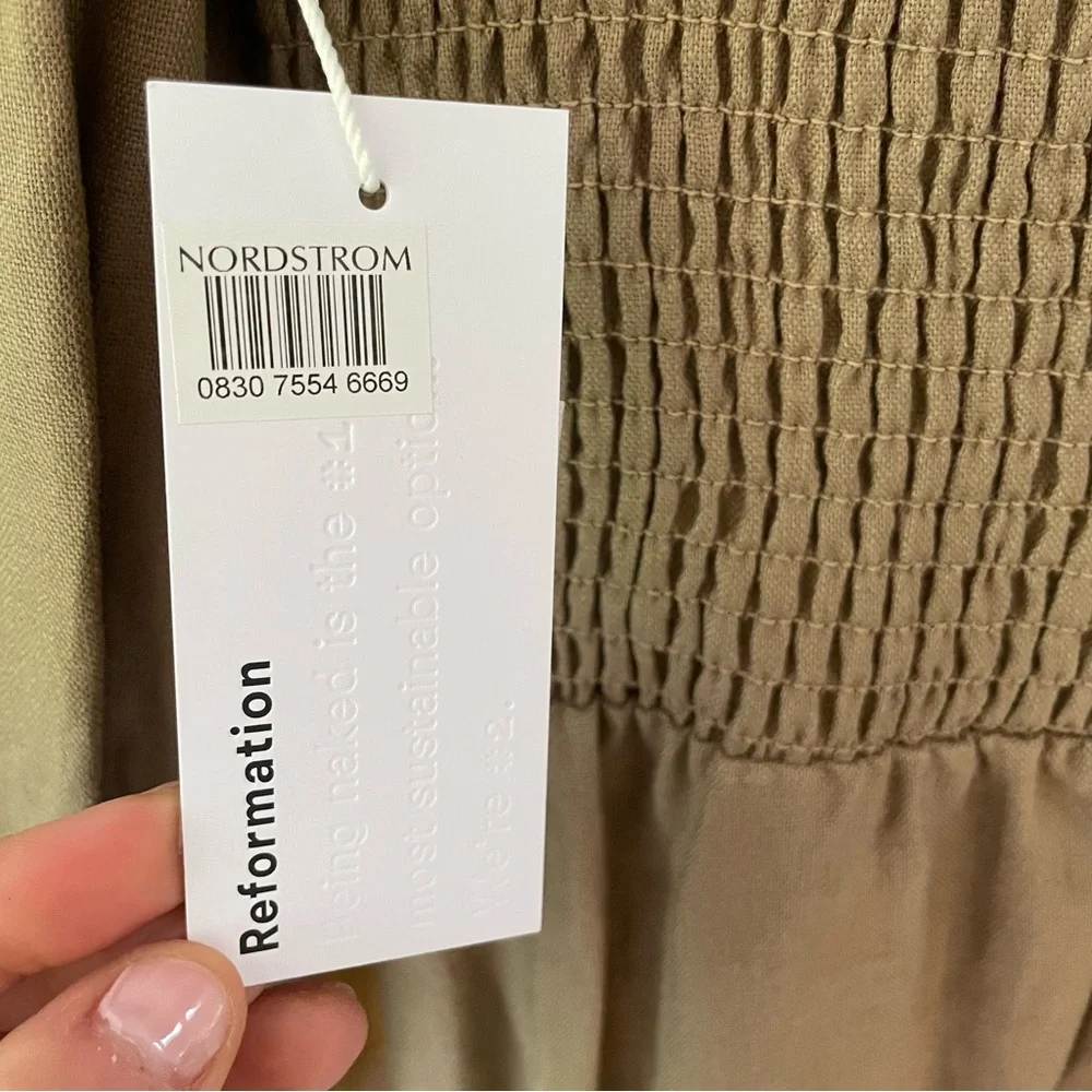 NWT Reformation Gitane Long Sleeve Smocked Linen Midi‎ Dress Khaki Large